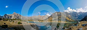 Scenic crystal lake panorama in Fan mountains in Pamir, Tajikistan