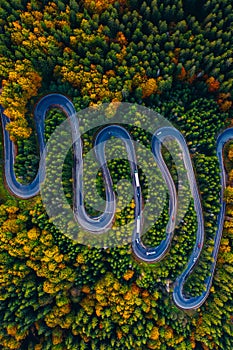 Scenic curvy road seen from a drone in autumn. Cheia, Romania