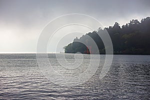 Scenic dark view of Lake Ashi in Hakone, Japan