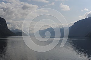 Scenic and dramatic panorama of Lysefjord Lysefjorden fjord canyon landscape in Norway in summer