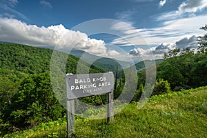 Scenic drive from Bald Knob Parking Area elevation 4500 ft. on Blue Ridge Parkway, Blue sky background with cloudy