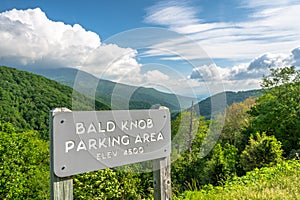 Scenic drive from Bald Knob Parking Area elevation 4500 ft. on Blue Ridge Parkway, Blue sky background with cloudy