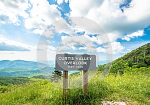 Scenic drive from Curtis Valley Overlook elevation 4460 ft. on Blue Ridge Parkway, Blue sky background with cloudy