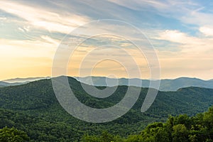 Scenic drive from Lane Pinnacle Overlook on Blue Ridge Parkway at sunrise time.