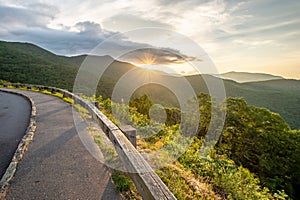 Scenic drive from Lane Pinnacle Overlook on Blue Ridge Parkway at sunrise time.