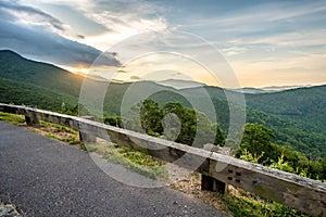 Scenic drive from Lane Pinnacle Overlook on Blue Ridge Parkway at sunrise time.