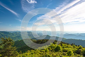 Scenic drive from Lane Pinnacle Overlook on Blue Ridge Parkway , zoom at top of mountain.