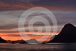 Scenic dusk in Bacuit archipelago. El Nido. Palawan. Philippines