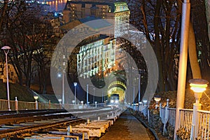 Scenic evening view of lower station of the Funicular in Kyiv. It connects historic Uppertown and lower neighborhood of Podil.