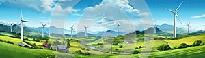 Scenic Farm Landscape With Windmills, Wind Turbines, And Green Fields. Panoramic Banner. Generative AI