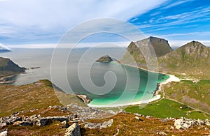 Scenic fjord on Lofoten islands with typical fishing hut