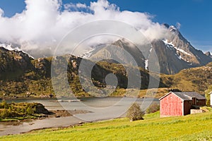 Scenic fjord on Lofoten islands with typical