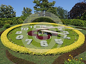 Scenic flower clock located on western side of English garden urban public park in european Geneva city Switzerland