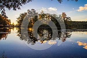 Scenic Forest Sunrise Lake Reflection In Michigan