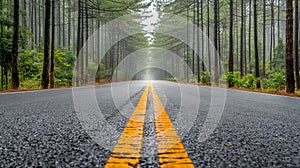 Scenic forest trail tranquil nature landscape with tree lined highway path background