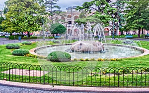 Scenic fountain in Piazza Bra, central square in Verona, Italy