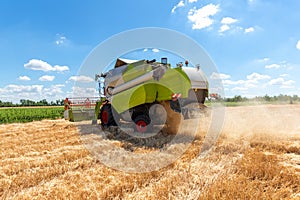 Scenic front view Big powerful industrial combine harvester machine reaping golden ripe wheat cereal field on bright