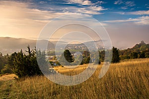 Scenic golden meadow with green trees at sunset. Banska Bystrica, Slovakia.