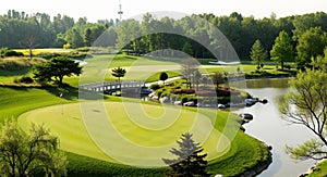 A scenic golf course with a bridge over a river surrounded by trees