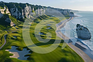 Scenic golf course on clifftop with rock arches, overlooking blue sea panoramic view photo