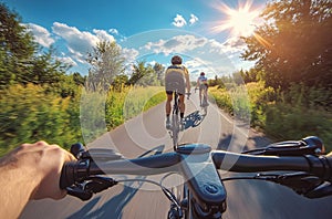 Scenic GoPro View of Cyclists on a Sunlit Country Path photo