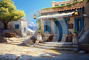 Scenic Greek tavern near sea. Generate Ai