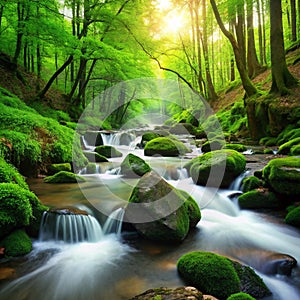 Scenic green forest stream with rocks on white
