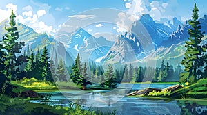 Scenic Green Valley with Majestic Mountains, Tranquil River, and Lush Trees
