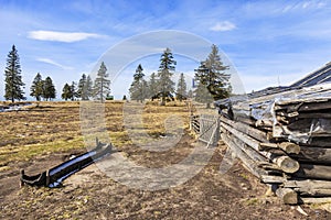 Scenic high alpine pasture with traditional old shepherd cottages