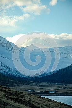 Scenic highway of Iceland with snow mountain