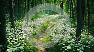 A scenic hiking trail through fresh green woods with blooming photo