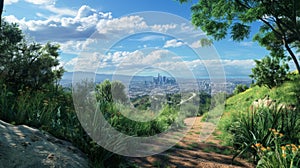 A scenic hiking trail leading to a peaceful lookout point offering a breathtaking view of the bustling urban landscape