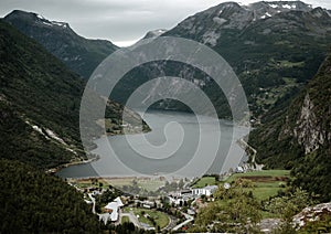 Scenic hills of Geiranger and river Fjord in Norway