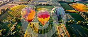 Scenic hot air balloon flight over countryside at sunset