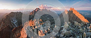 Scenic image of Fairytale mountains during sunset. The sunrise over a mountain in park High Tatras. Slovakia, Europe. Wonderful