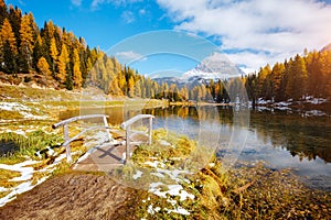 Scenic image of the lake Antorno in National Park Tre Cime di Lavaredo. Location Dolomiti alps, Italy, Europe