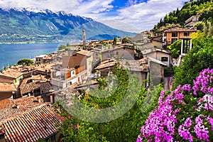 scenic Italian lakes Lago di Grada , view of beautiful village Limone sul Garda.