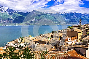 scenic Italian lakes Lago di Grada , view of beautiful village Limone sul Garda. italy