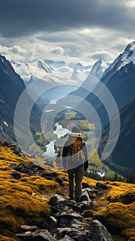 Scenic journey, hikers rear view as he immerses in mountainous beauty photo