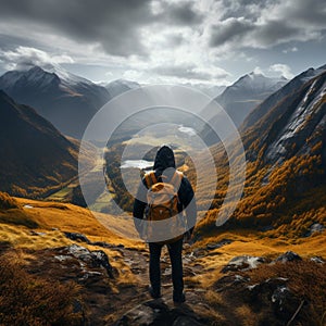 Scenic journey, hikers rear view as he immerses in mountainous beauty photo