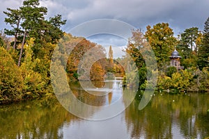 Scenic lake in the Bois de Boulogne Paris France, in fall