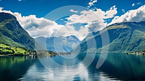 Scenic Lake Lsefjord And Majestic Mountains: A Naturalistic Cityscape