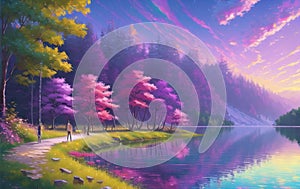 Scenic lake in the middle of the forest illustration. ai generated photo