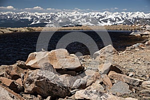 Scenic lake on the peak of Mt. Evans in the snow.