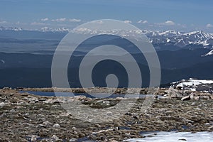 Scenic lake on the peak of Mt. Evans in the snow.