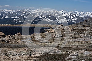 Scenic lake on the peak of Mt. Evans in the snow.