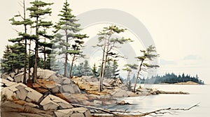Scenic Lake Shore And Pines: Watercolor Digital Art Illustration