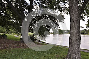 Scenic lakeside bench outdoor setting.