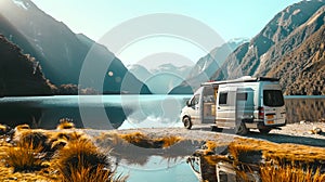 Scenic Landscape with Campervan, Serene Lake and Majestic Mountains. Travel and Adventure Concept. Idyllic Outdoor
