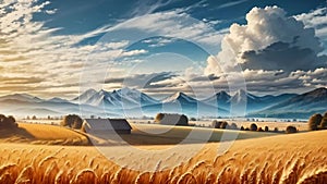 Scenic landscape of endless fields of ripe wheat against backdrop of mountains